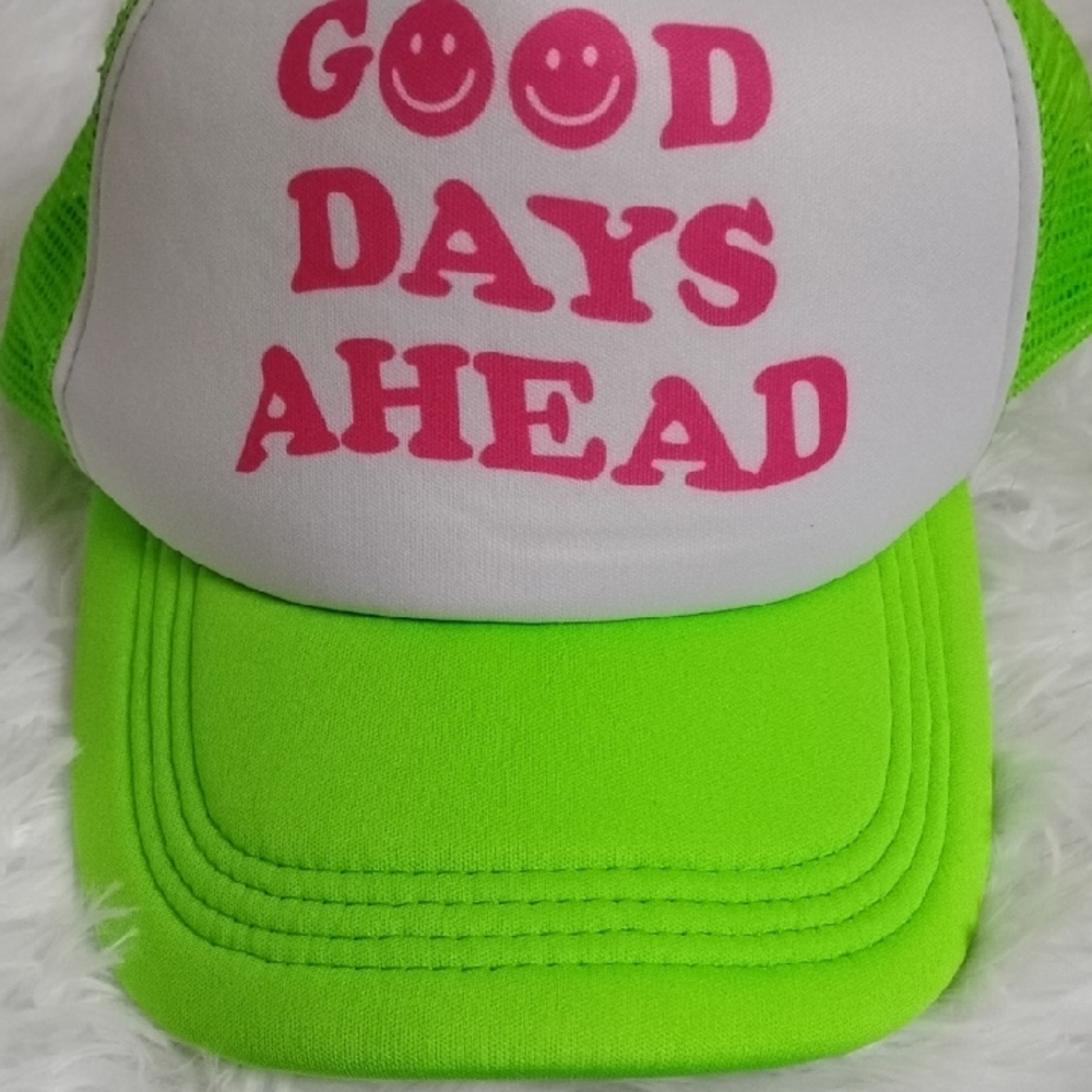 *NWOT Neon Green Pink & White "Good Days Ahead" Fun Summer Retro Trucker Hat - Picture 9 of 10